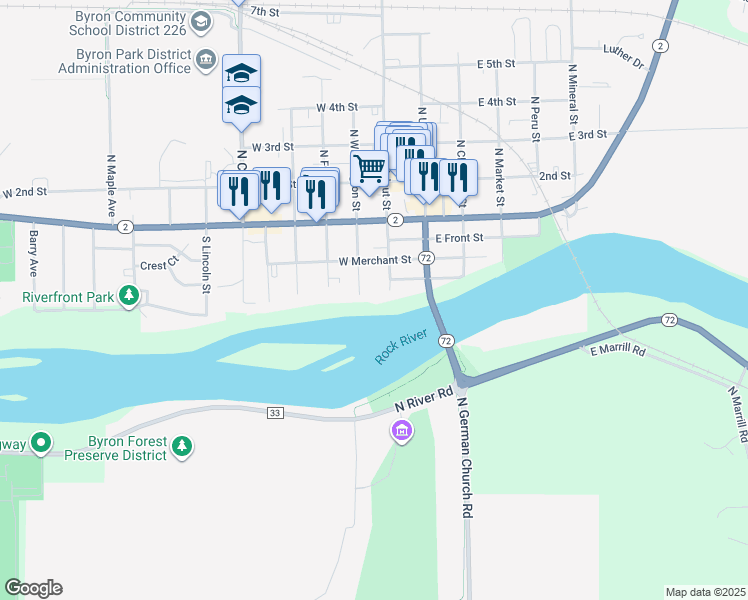 map of restaurants, bars, coffee shops, grocery stores, and more near 222 South Walnut Street in Byron