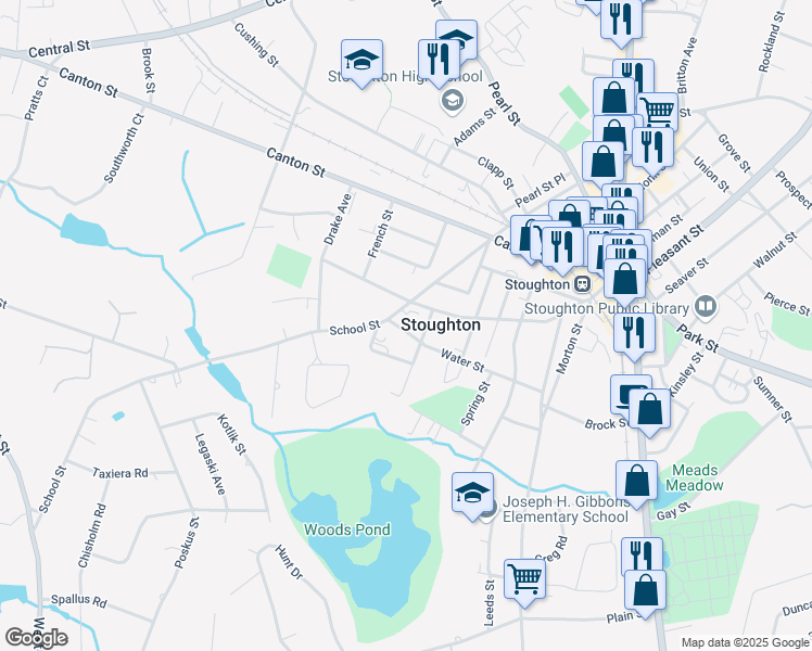 map of restaurants, bars, coffee shops, grocery stores, and more near 165 Water Street in Stoughton