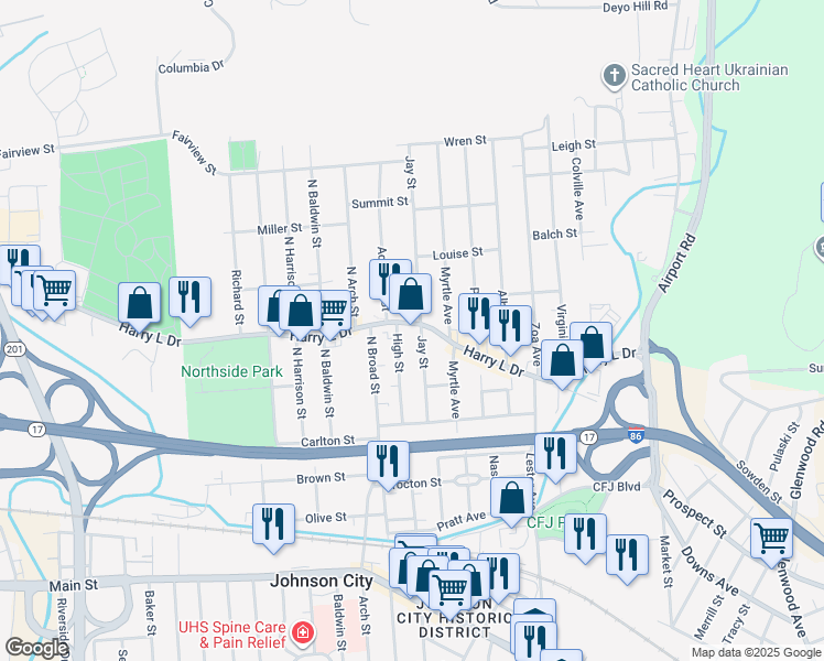 map of restaurants, bars, coffee shops, grocery stores, and more near 200 Harry L Drive in Johnson City