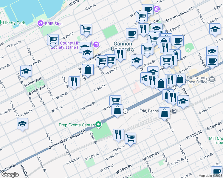 map of restaurants, bars, coffee shops, grocery stores, and more near 356 West 10th Street in Erie