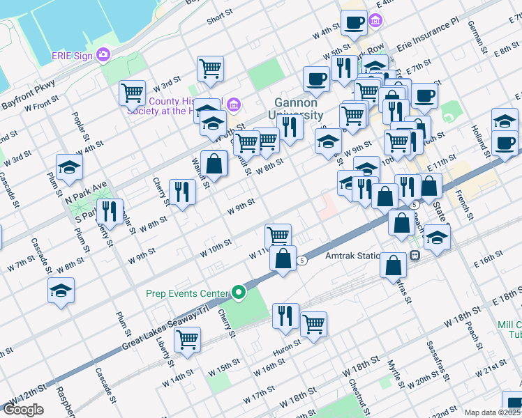 map of restaurants, bars, coffee shops, grocery stores, and more near 417 West 9th Street in Erie