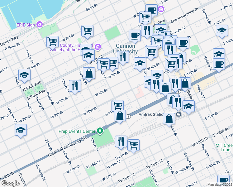 map of restaurants, bars, coffee shops, grocery stores, and more near 356 West 10th Street in Erie