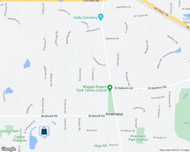 map of restaurants, bars, coffee shops, grocery stores, and more near 347 Windsor Lane in Inverness