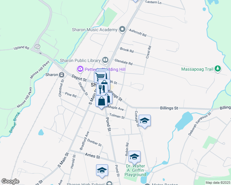 map of restaurants, bars, coffee shops, grocery stores, and more near 42 Billings Street in Sharon