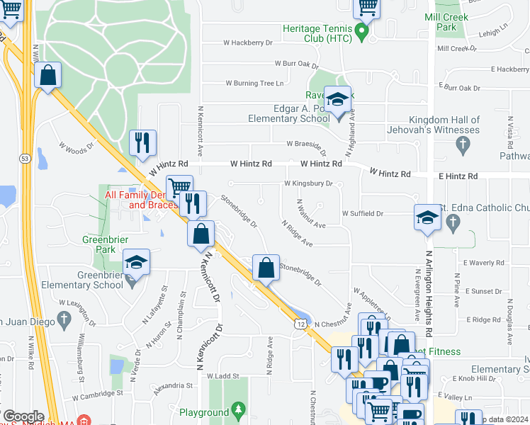 map of restaurants, bars, coffee shops, grocery stores, and more near 2606 North Ridge Avenue in Arlington Heights