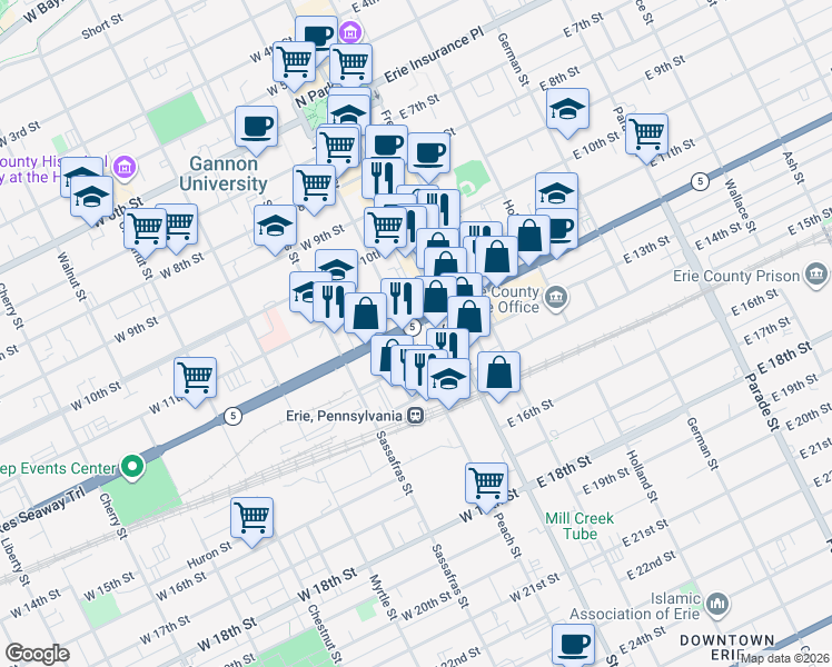 map of restaurants, bars, coffee shops, grocery stores, and more near 25 West 12th Street in Erie