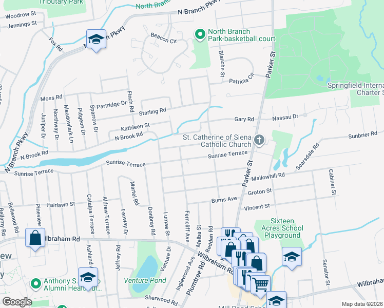 map of restaurants, bars, coffee shops, grocery stores, and more near 134 Sunrise Terrace in Springfield