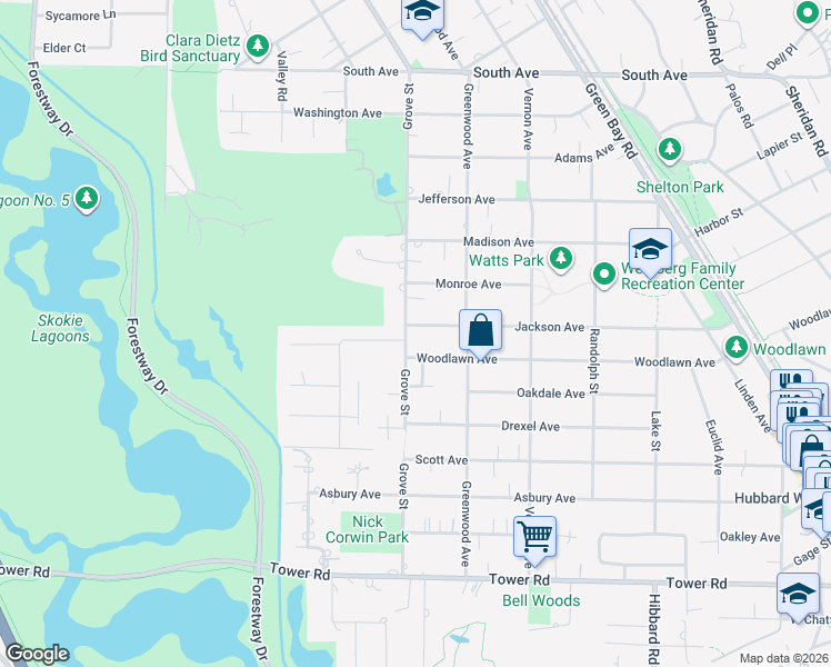 map of restaurants, bars, coffee shops, grocery stores, and more near 381 Grove Street in Glencoe