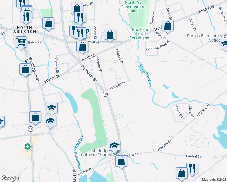 map of restaurants, bars, coffee shops, grocery stores, and more near 15 Pattison Street in Abington