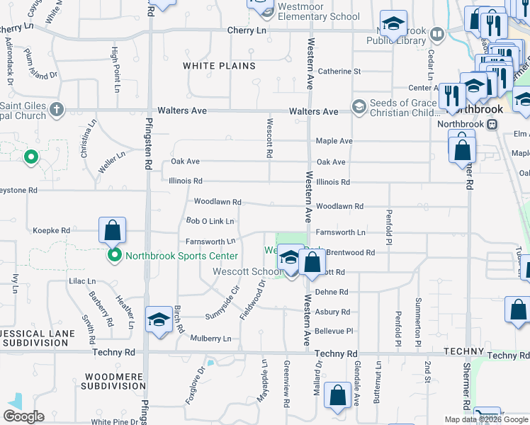 map of restaurants, bars, coffee shops, grocery stores, and more near 2501 Woodlawn Road in Northbrook