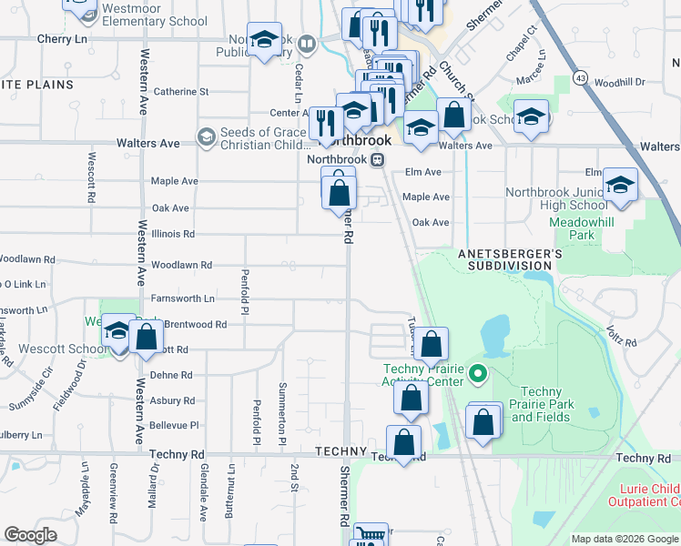 map of restaurants, bars, coffee shops, grocery stores, and more near 1656 Shermer Road in Northbrook