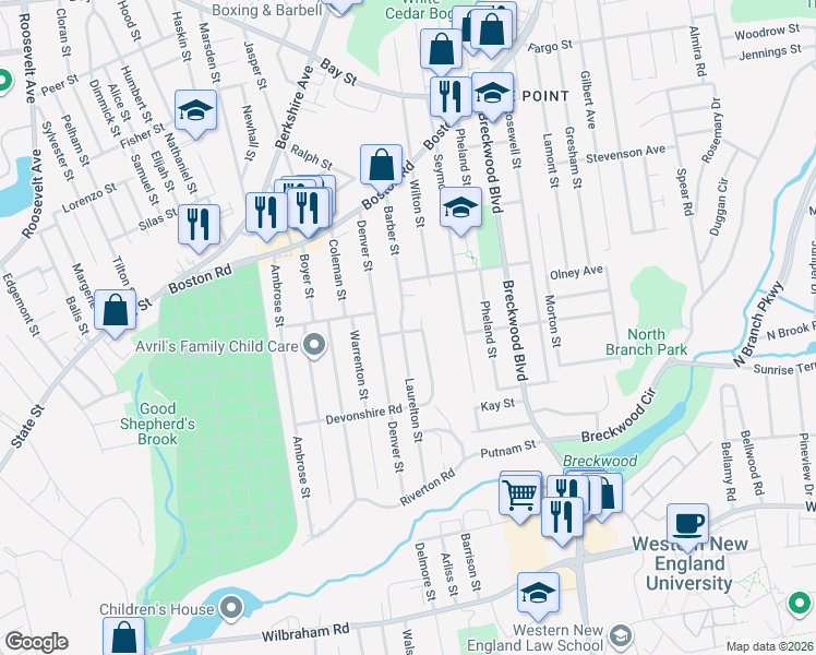 map of restaurants, bars, coffee shops, grocery stores, and more near 145 Barber Street in Springfield