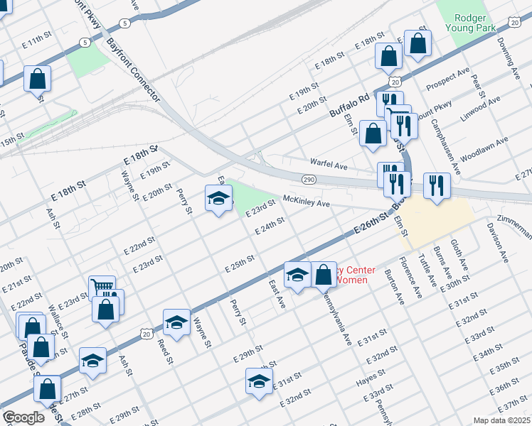 map of restaurants, bars, coffee shops, grocery stores, and more near E Street Point in Erie