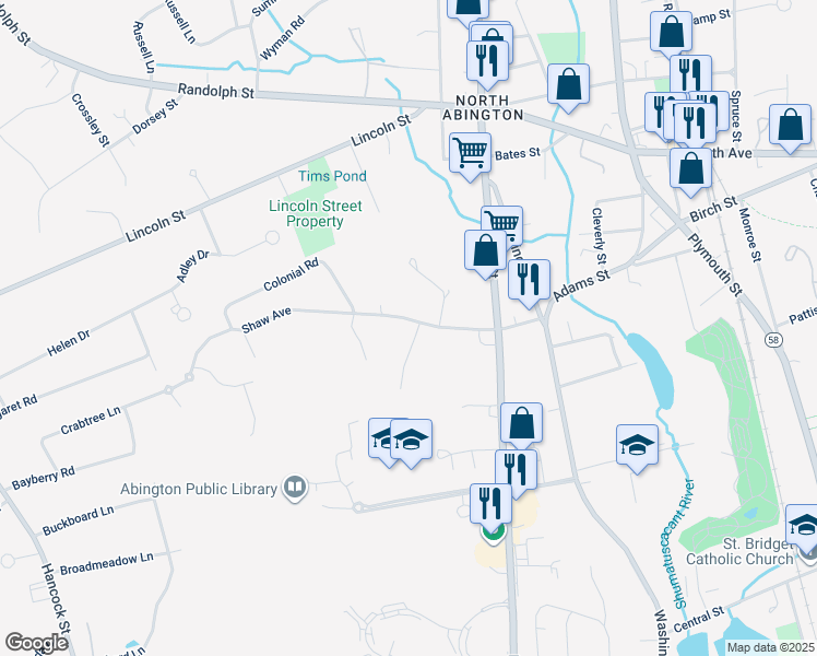map of restaurants, bars, coffee shops, grocery stores, and more near 140 Shaw Avenue in Abington