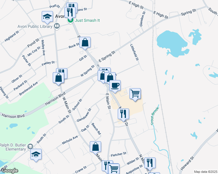 map of restaurants, bars, coffee shops, grocery stores, and more near 2 Memorial Drive in Avon