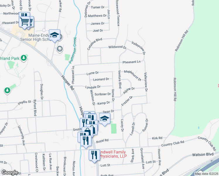 map of restaurants, bars, coffee shops, grocery stores, and more near 3638 Lyndale Dr in Endicott