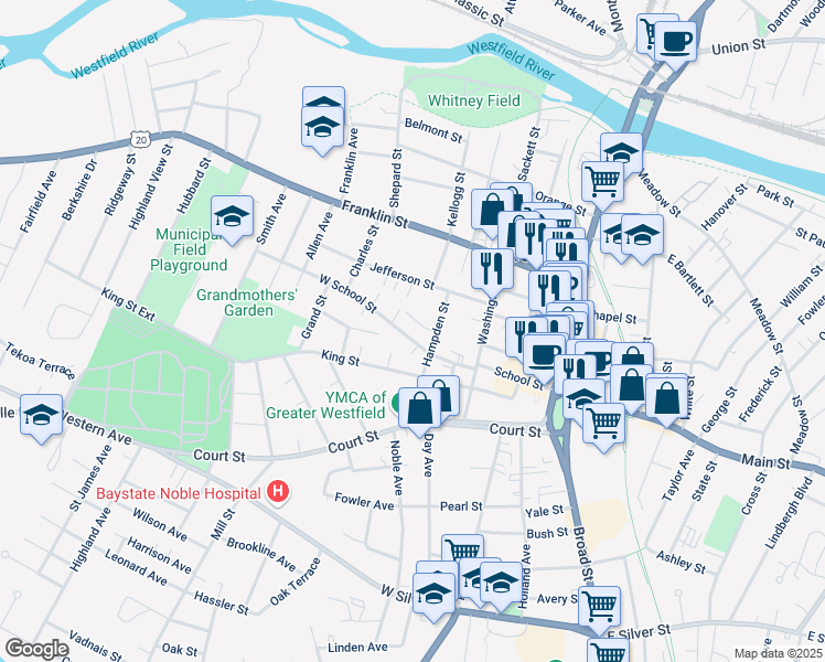 map of restaurants, bars, coffee shops, grocery stores, and more near 9 West School Street in Westfield