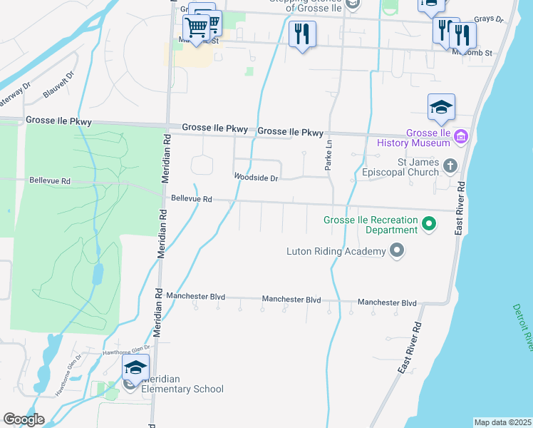 map of restaurants, bars, coffee shops, grocery stores, and more near 25443 7th Street in Grosse Ile Township