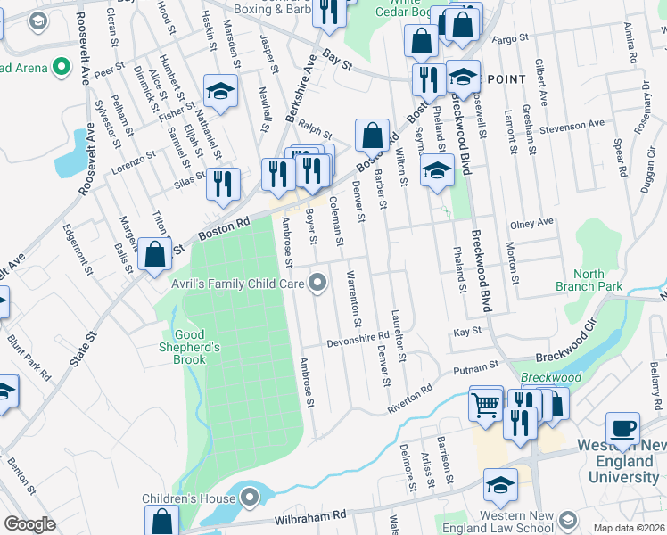 map of restaurants, bars, coffee shops, grocery stores, and more near 55 Embury Street in Springfield