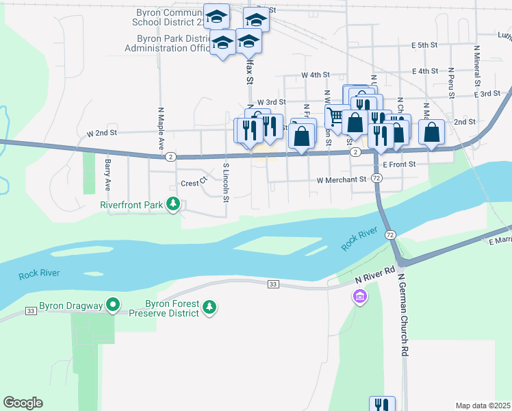 map of restaurants, bars, coffee shops, grocery stores, and more near 225 Colfax Street in Byron