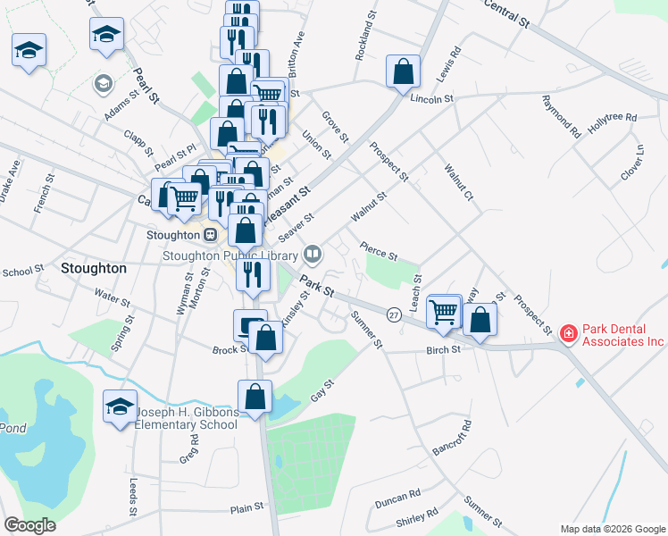 map of restaurants, bars, coffee shops, grocery stores, and more near 2 Park Avenue in Stoughton