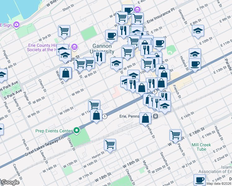 map of restaurants, bars, coffee shops, grocery stores, and more near in Erie