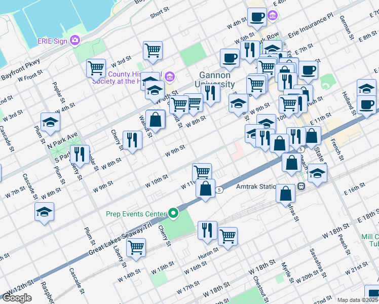 map of restaurants, bars, coffee shops, grocery stores, and more near 417 West 9th Street in Erie