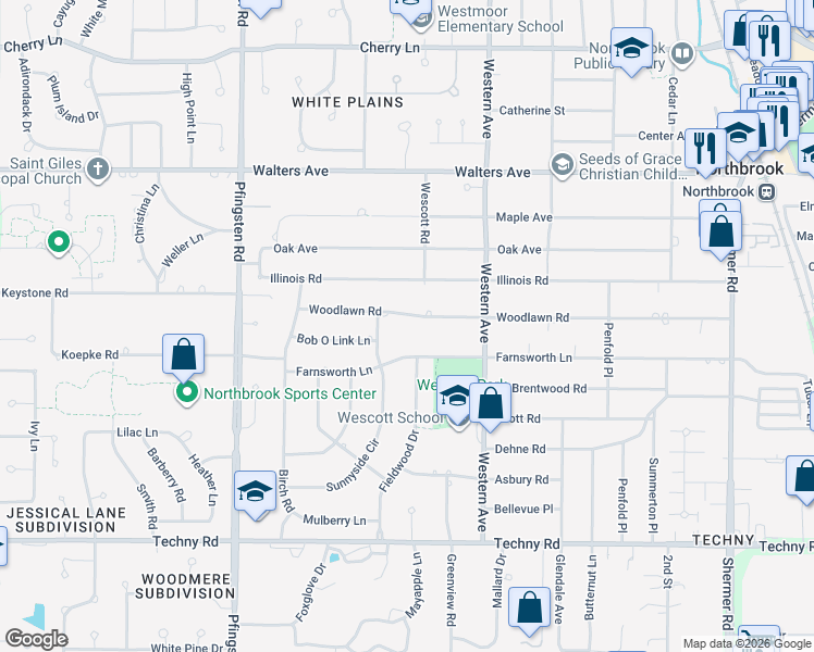 map of restaurants, bars, coffee shops, grocery stores, and more near 2501 Woodlawn Road in Northbrook