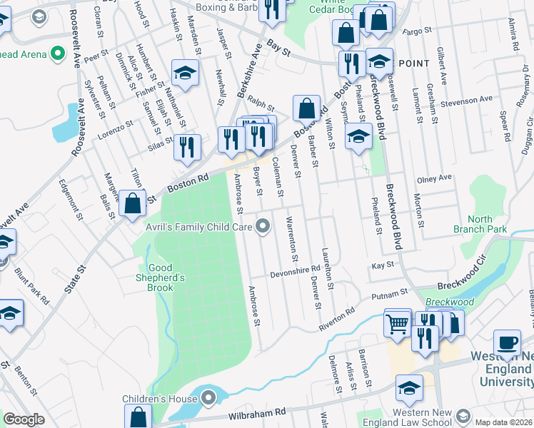 map of restaurants, bars, coffee shops, grocery stores, and more near 55 Embury Street in Springfield