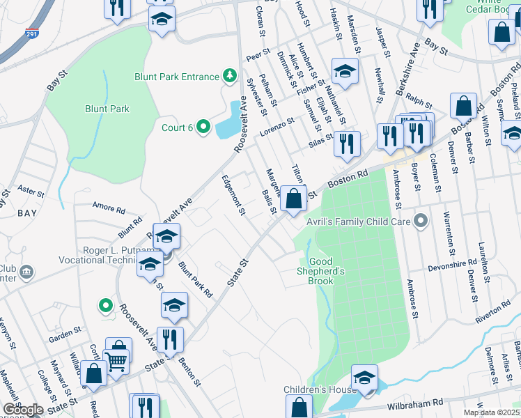map of restaurants, bars, coffee shops, grocery stores, and more near 26 Eldert Street in Springfield