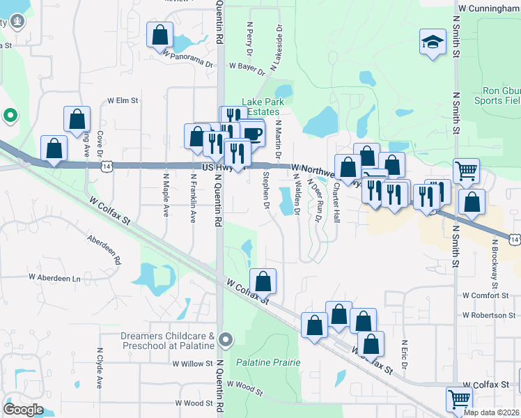 map of restaurants, bars, coffee shops, grocery stores, and more near 696 Stephen Drive in Palatine