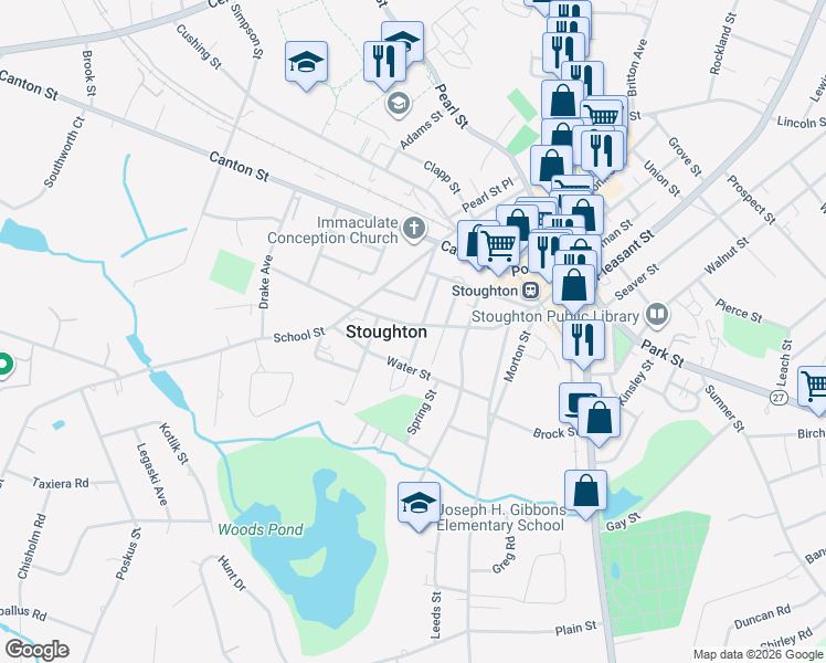 map of restaurants, bars, coffee shops, grocery stores, and more near 80 Perry Street in Stoughton