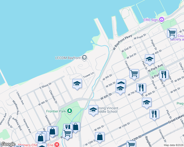 map of restaurants, bars, coffee shops, grocery stores, and more near 1221 Tower Lane in Erie