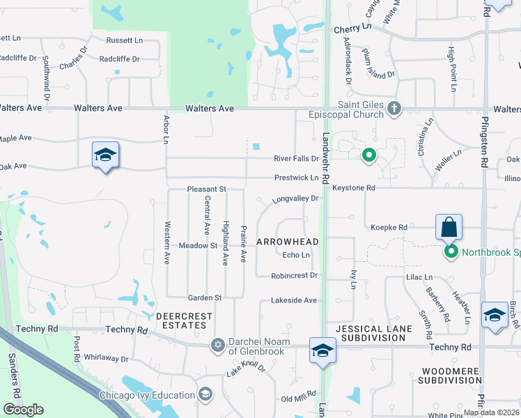map of restaurants, bars, coffee shops, grocery stores, and more near 1680 Longvalley Court in Northbrook