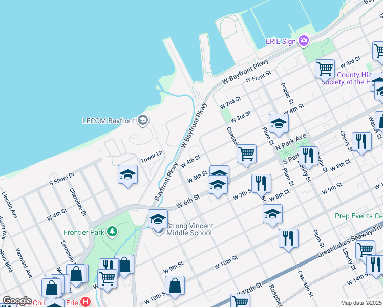 map of restaurants, bars, coffee shops, grocery stores, and more near 1130 West 4th Street in Erie