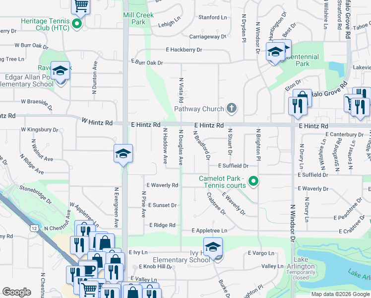 map of restaurants, bars, coffee shops, grocery stores, and more near 2619 North Douglas Avenue in Arlington Heights