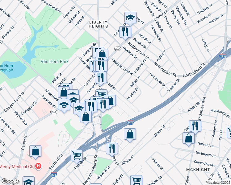 map of restaurants, bars, coffee shops, grocery stores, and more near 17 Cherrelyn Street in Springfield