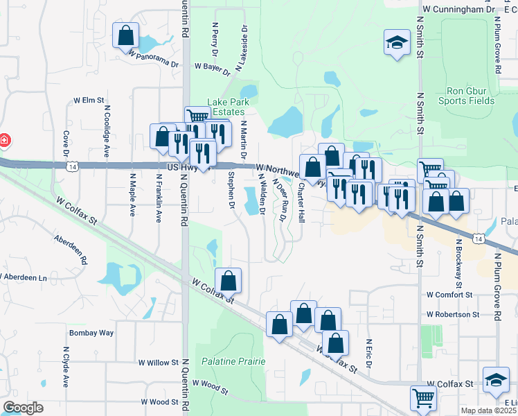 map of restaurants, bars, coffee shops, grocery stores, and more near 708 North Walden Drive in Palatine