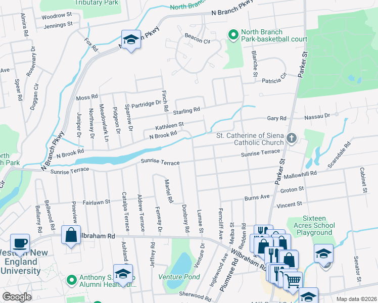 map of restaurants, bars, coffee shops, grocery stores, and more near 369 North Brook Road in Springfield
