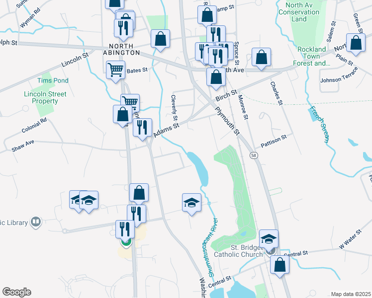 map of restaurants, bars, coffee shops, grocery stores, and more near 76 Lantern Lane in Abington