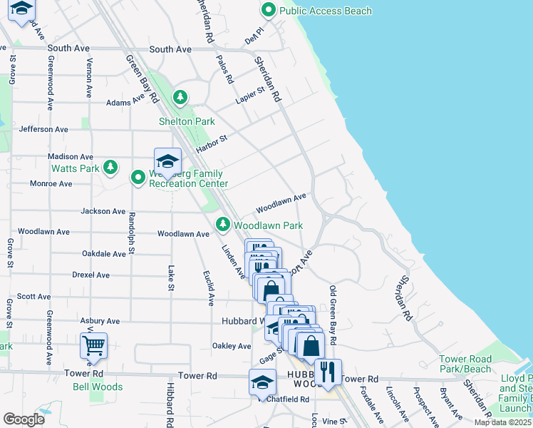map of restaurants, bars, coffee shops, grocery stores, and more near 250 Woodlawn Avenue in Winnetka