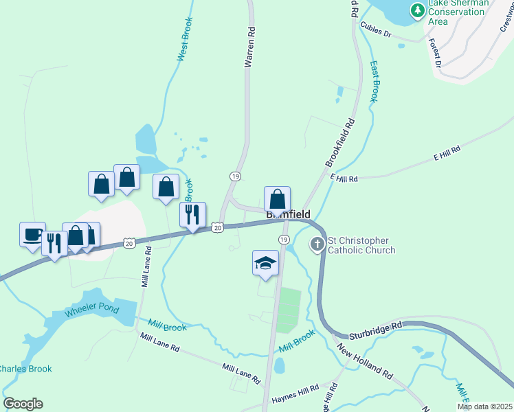 map of restaurants, bars, coffee shops, grocery stores, and more near 16 North Main Street in Brimfield