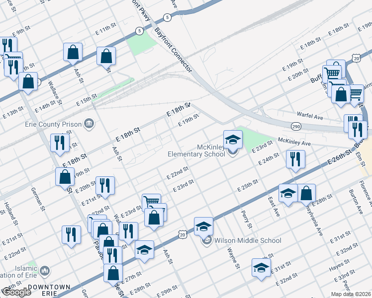 map of restaurants, bars, coffee shops, grocery stores, and more near 820 East 21st Street in Erie