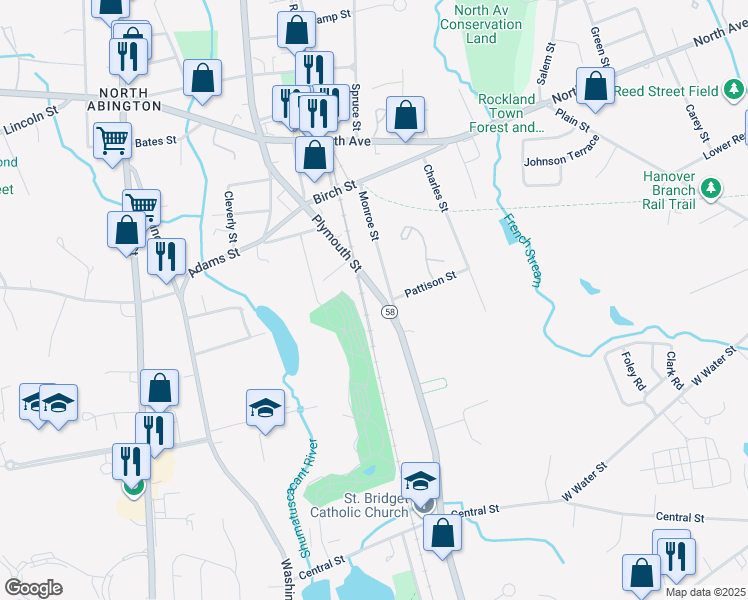 map of restaurants, bars, coffee shops, grocery stores, and more near 197 Plymouth Street in Abington