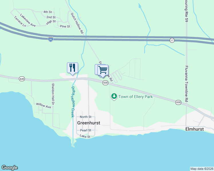 map of restaurants, bars, coffee shops, grocery stores, and more near 3010 New York 430 in Bemus Point