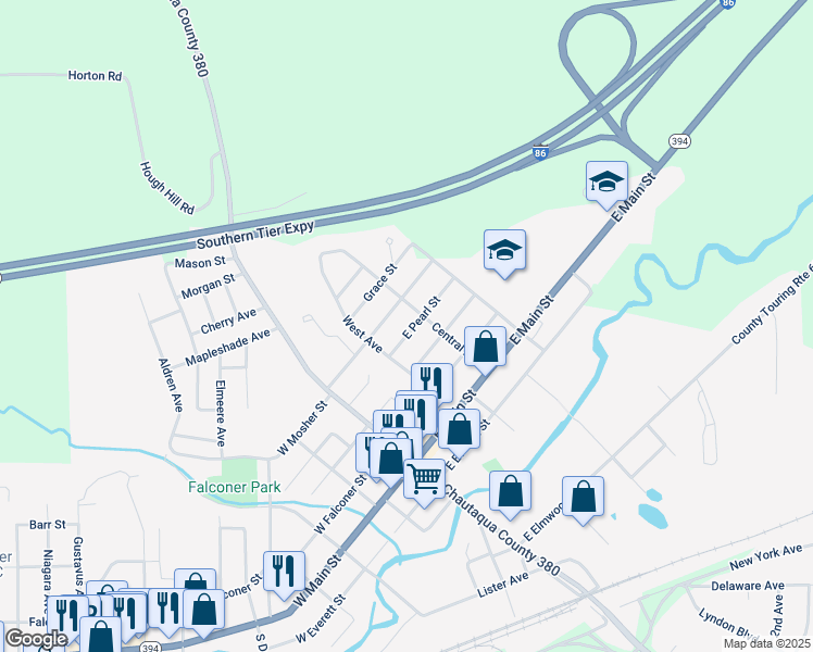 map of restaurants, bars, coffee shops, grocery stores, and more near 115 East Pearl Street in Falconer