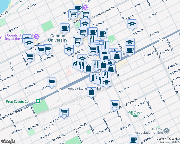 map of restaurants, bars, coffee shops, grocery stores, and more near 120 22 W 12 Street in Erie