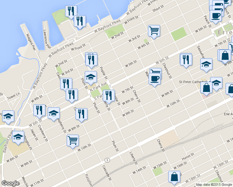map of restaurants, bars, coffee shops, grocery stores, and more near 656 West 7th Street in Erie