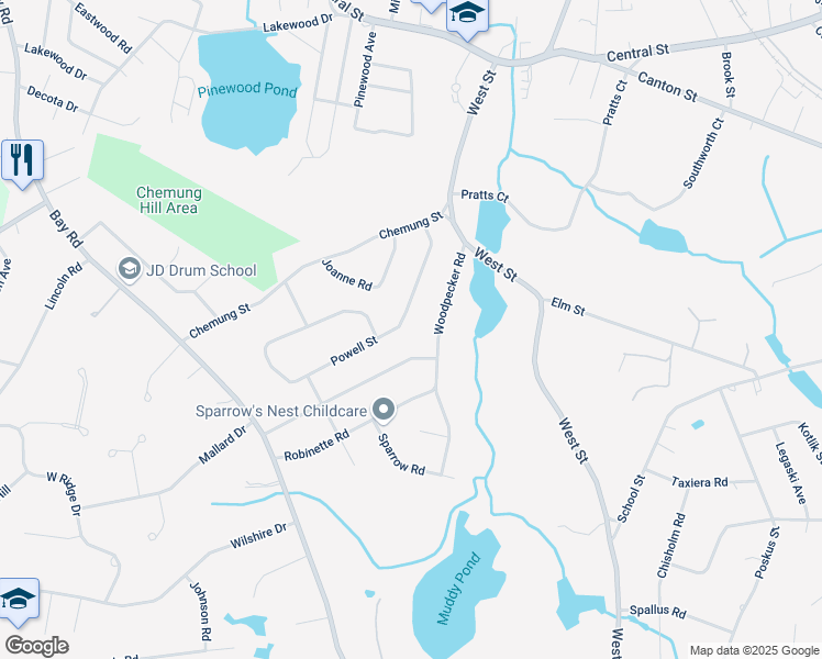 map of restaurants, bars, coffee shops, grocery stores, and more near 114 Powell Street in Stoughton