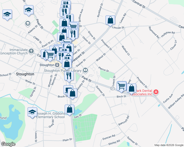 map of restaurants, bars, coffee shops, grocery stores, and more near 31 Jones Terrace in Stoughton